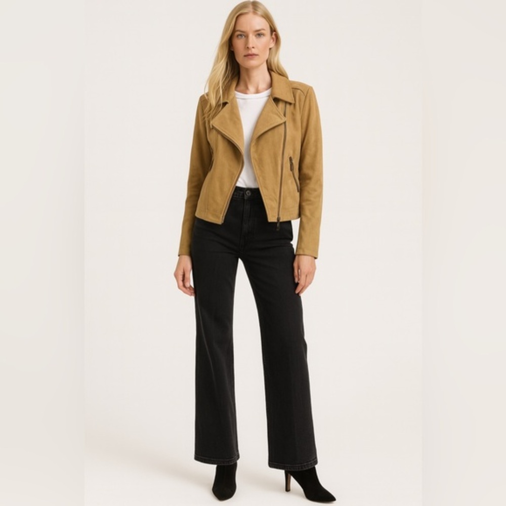 Tramontana faux suede biker style jacket, tan color, zip front & pockets, lined